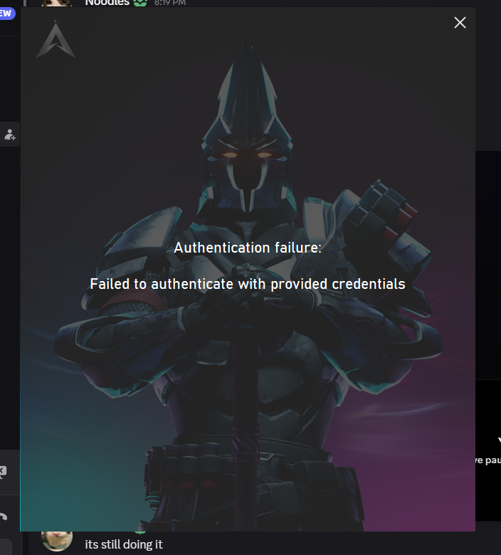 Failed to authenticate with provided credentials Image